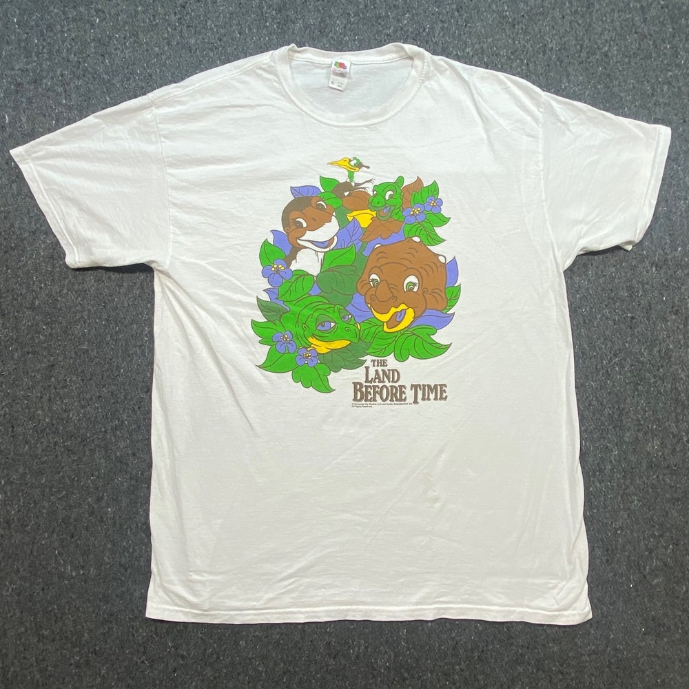 T Shirt XL Mens White Land Before Time Dinosaur Graphic Cotton Fruit of the Loom